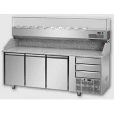 Tavolo Refrigerato Pizzeria - Banco Preparazione Pizza per Contenitori GN1/1 Piano in Granito 3 Porte 3 Cassetti e Vetrina Refrigerata con Vetri